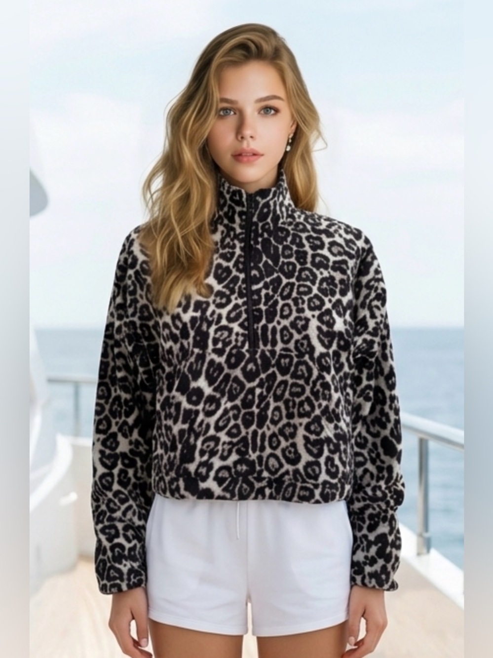 TNA Black & White Leopard Half-Zip Teddy Jacket